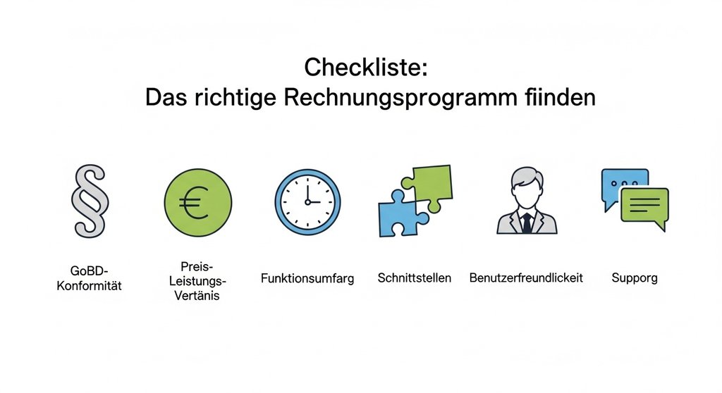 Infografik mit einer Checkliste zur Auswahl des passenden Rechnungsprogramms für Freelancer.