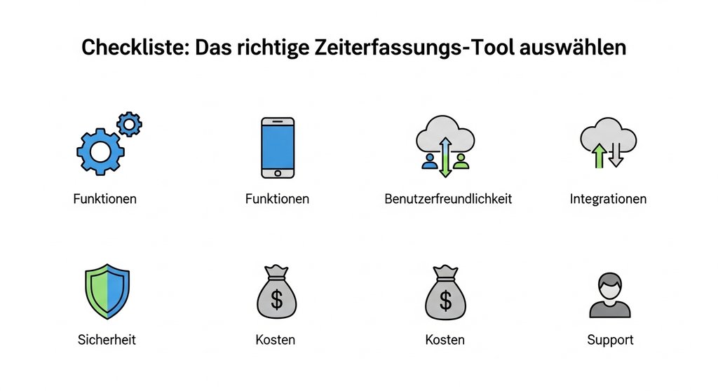 Infografik mit Kriterien zur Auswahl von Tools für Zeiterfassung und Abrechnung.