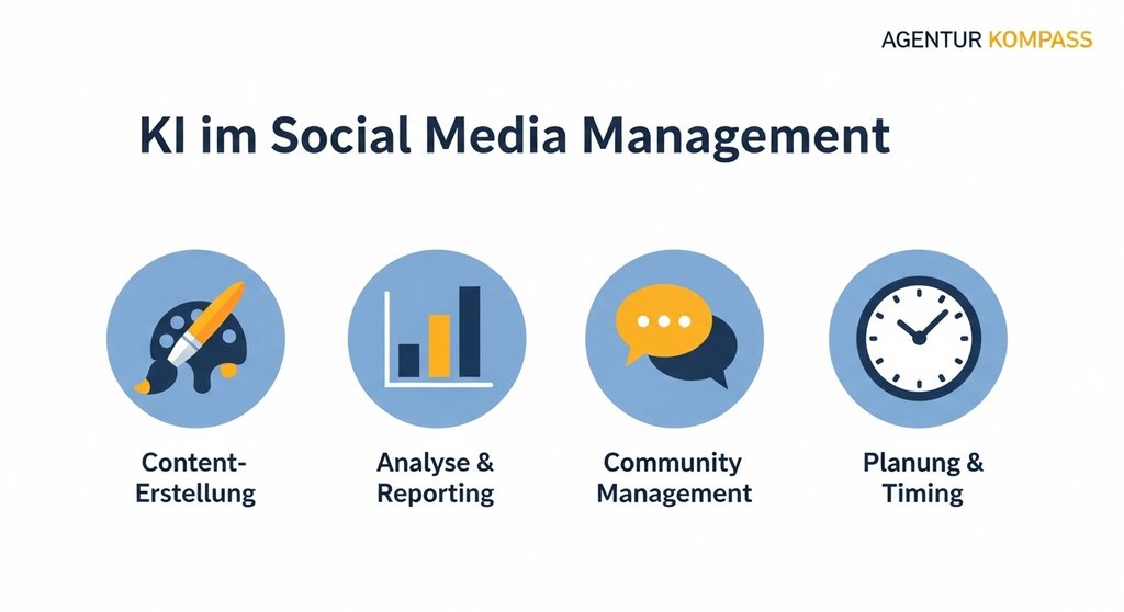 Infografik zu den Einsatzbereichen von KI im Social Media Management.