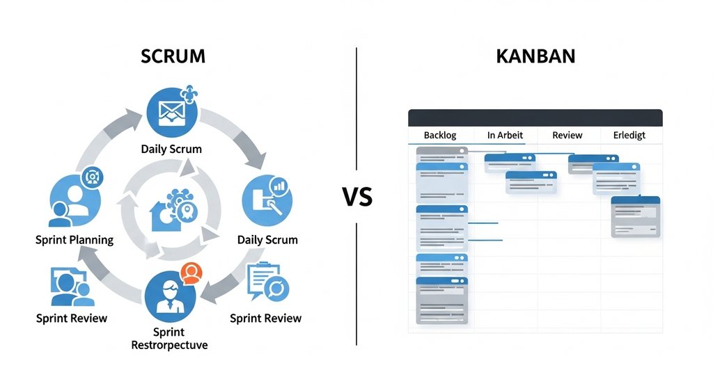 Infografik zum Vergleich der agilen Methoden Scrum und Kanban im Agentur-Projektmanagement.