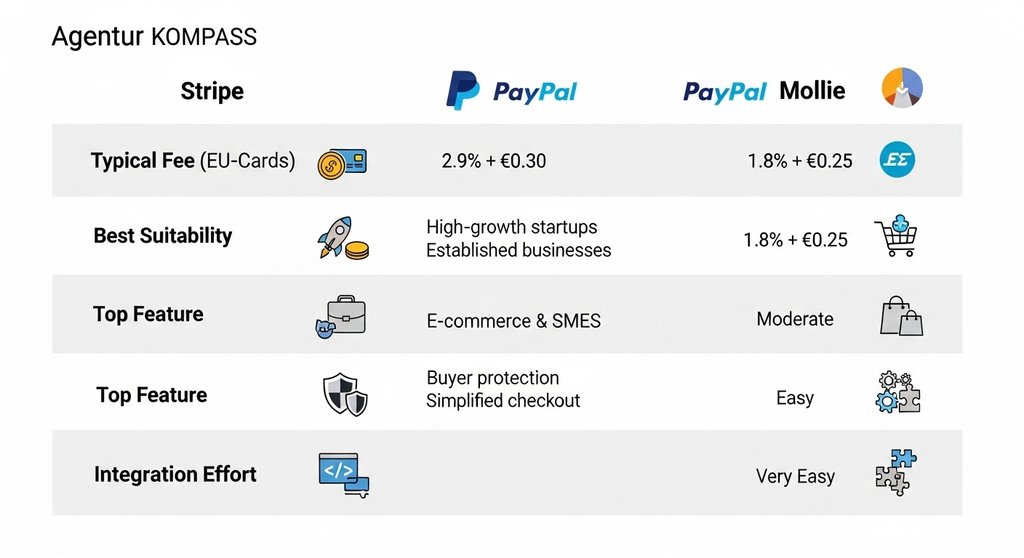 Infografik zum Vergleich der Online Zahlungsanbieter Stripe, PayPal und Mollie.
