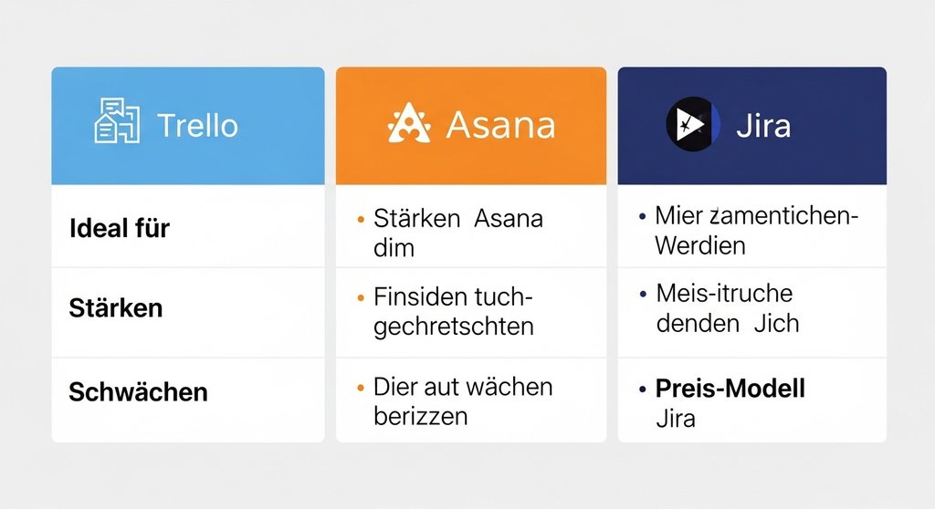Infografik zum Vergleich der Projektmanagement-Tools Trello, Asana und Jira für Agenturen.