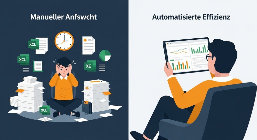 Infografik zum Vergleich von manuellem Aufwand und automatisierter Effizienz im Reporting.