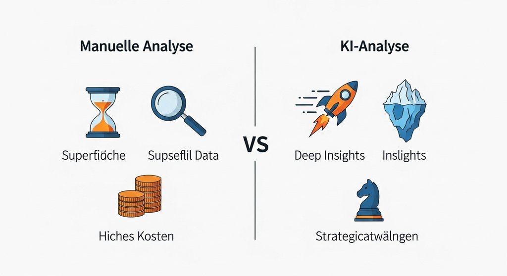Infografik zum Vergleich von manueller Wettbewerbsanalyse versus KI-gestützter Analyse.