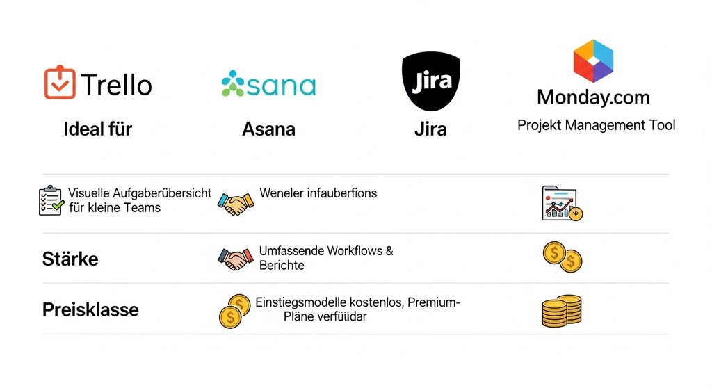 Infografik zum Vergleich von Projektmanagement-Software wie Trello, Asana, Jira und Monday.