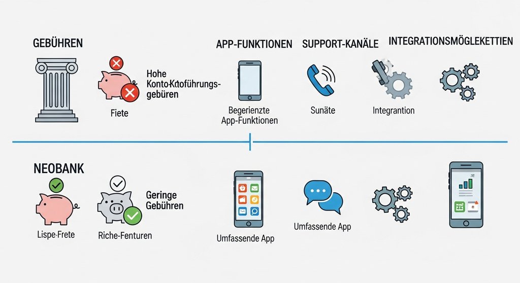 Infografik zum Vergleich von traditionellen Banken und Neobanken für Geschäftskonten.