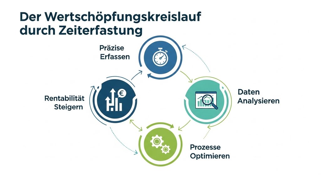 Infografik zum Wertschöpfungskreislauf durch Zeiterfassung im Projektmanagement.