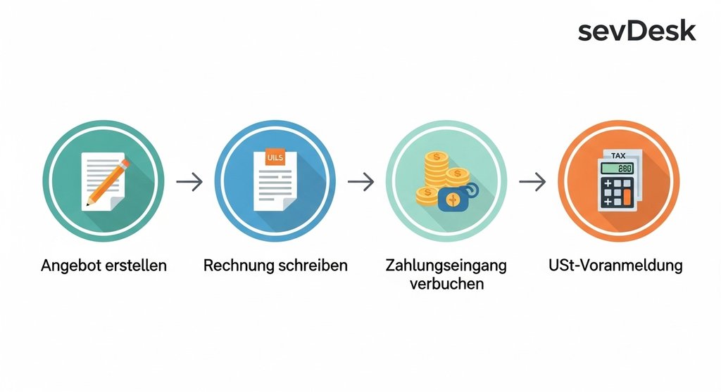 Infografik zum Workflow einer Buchhaltungssoftware für Freelancer.