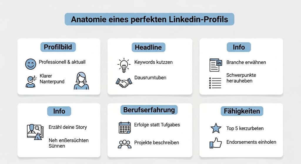 Infografik zur Optimierung der 5 wichtigsten Bereiche eines LinkedIn-Profils.
