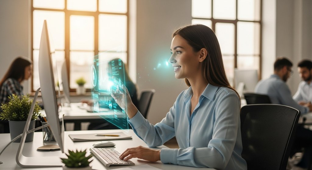 Marketing-Expertin in einer Agentur nutzt KI-Tools zur Effizienzsteigerung.