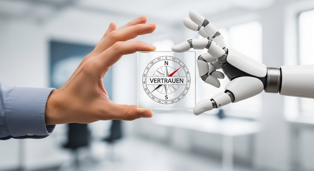 Menschliche und Roboter-Hand halten einen Kompass, der auf 'Vertrauen' im KI-Marketing zeigt.