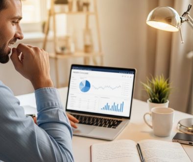 Selbstständiger Mann managt seine Finanzen erfolgreich mit einem Finanztool am Laptop.