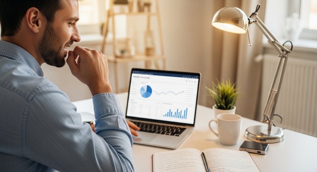 Selbstständiger Mann managt seine Finanzen erfolgreich mit einem Finanztool am Laptop.