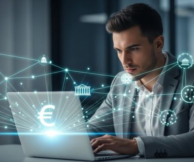 Unternehmer nutzt eine Fördermittel Datenbank am Laptop zur Finanzierung seines Projekts.