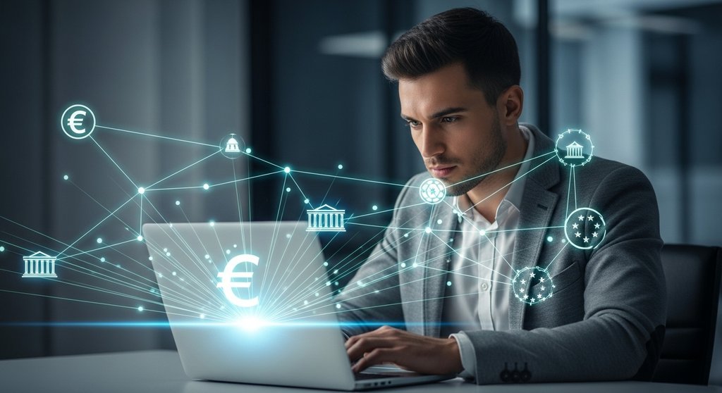 Unternehmer nutzt eine Fördermittel Datenbank am Laptop zur Finanzierung seines Projekts.