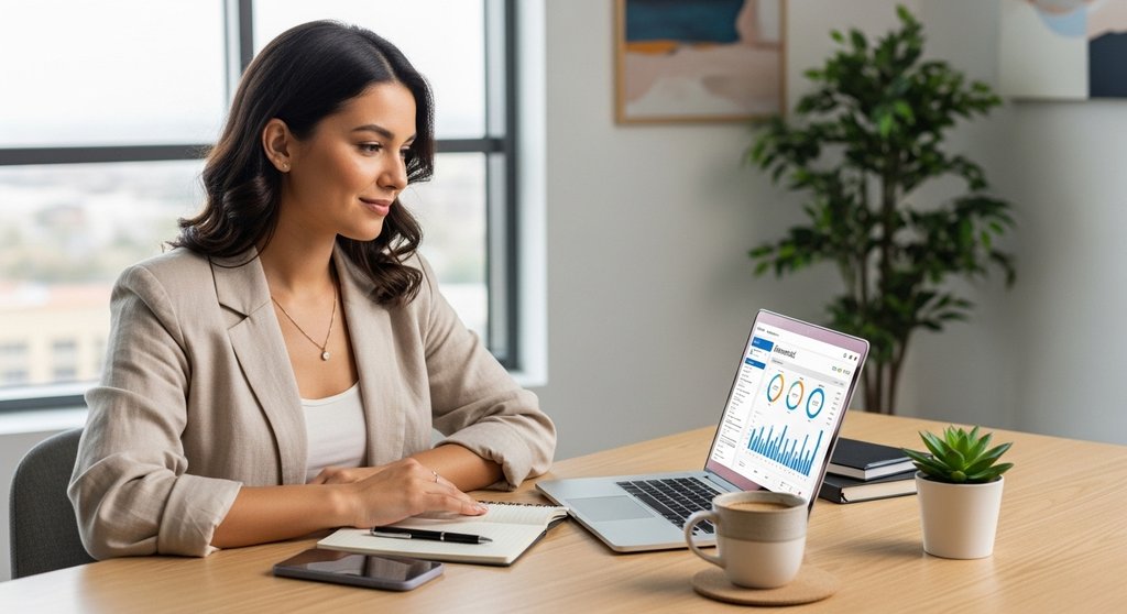 Unternehmerin nutzt eine Buchhaltungssoftware für KMU auf ihrem Laptop und hat ihre Finanzen im Griff.