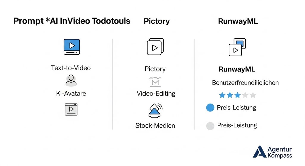 Vergleich der besten KI Video Tools für Social Media: InVideo, Pictory und RunwayML.