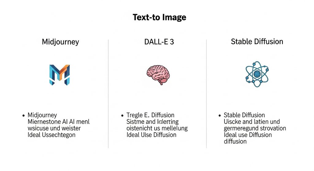 Vergleichs-Infografik der KI-Bildgeneratoren Midjourney, DALL-E 3 und Stable Diffusion.