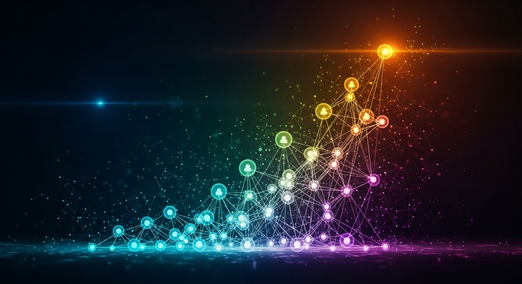 Abstrakte Visualisierung eines wachsenden Netzwerks durch Kooperationsmarketing.