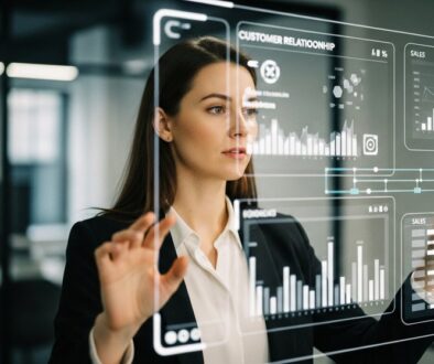 Agentur-Inhaberin im CRM Systeme Vergleich vor einer digitalen Oberfläche zur Steuerung von Kundenbeziehungen.