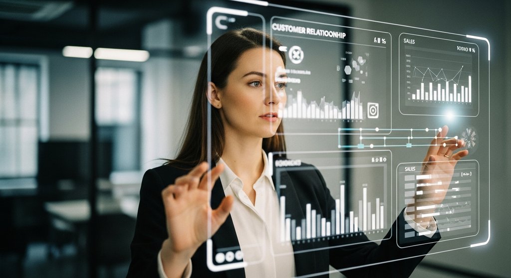 Agentur-Inhaberin im CRM Systeme Vergleich vor einer digitalen Oberfläche zur Steuerung von Kundenbeziehungen.