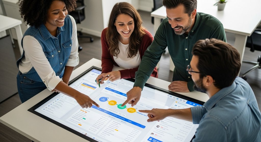Agentur-Team arbeitet gemeinsam an einem intuitiven CRM-Dashboard.