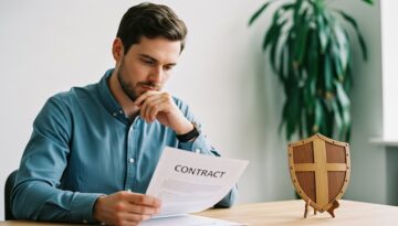 Agenturinhaber prüft einen Vertrag mit Haftungsausschlüssen, um sein Unternehmen abzusichern.