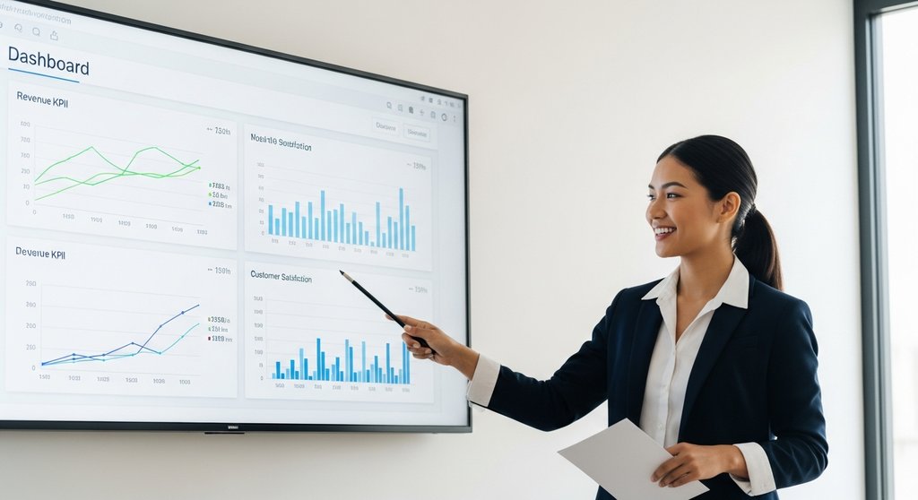 Alt-Text: Ein Dashboard mit positiven Geschäftskennzahlen, das den Wert einer Dienstleistung verdeutlicht. High resolution photography, environmental portrait of a smiling female manager presenting a sleek, modern dashboard on a large screen in a bright meeting room. The charts show clear upward trends in KPIs like revenue and customer satisfaction. Use a shallow depth of field to focus on the screen and the presenter. The image should look professional, positive, and data-driven. True-to-life colors, DSLR.