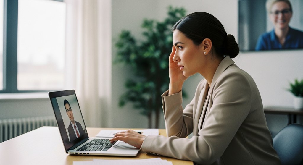 Alt-Text: Ein enttäuschter Agenturkunde im Video-Call, ein Hauptgrund für eine hohe Churn Rate. Editorial Style, Shot on 35mm camera, candid shot of a business owner in a modern office looking visibly frustrated during a video conference on their laptop. The lighting is natural, coming from a window. Focus on the genuine emotion of disappointment, avoiding over-the-top drama. Kodak Portra 400 style with slight film grain and true-to-life colors.