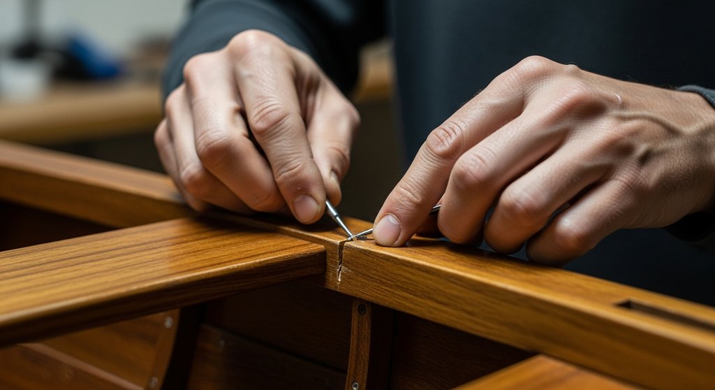 Alt-Text: Ein Experte repariert sorgfältig ein Leck in einem Holzboot, Symbol für das Senken der Churn Rate. High resolution photography, Medium Shot of a skilled craftsperson in a well-lit workshop, focusing on their hands meticulously sealing a small crack in a beautiful wooden boat. The mood is calm and concentrated, not desperate. Use muted, true-to-life colors and a shallow depth of field to emphasize the careful, precise work. The image should convey control, expertise, and the value of maintenance. DSLR shot, visible wood grain and skin texture.