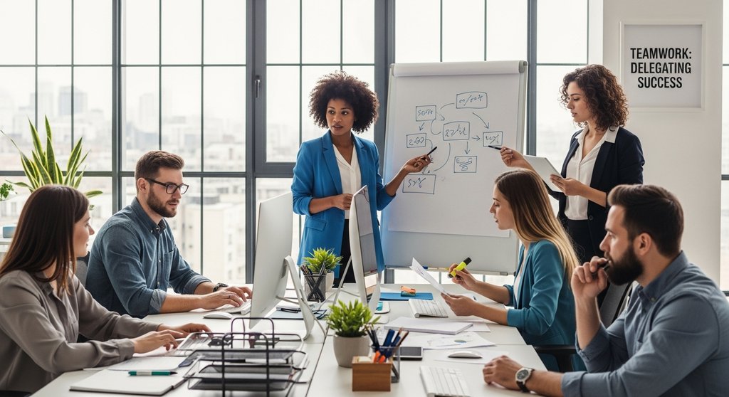 Alt-Text: Ein motiviertes Team, das gemeinsam an einem Projekt arbeitet und so die Vorteile von Delegation zeigt.