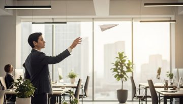 Alt-Text: Eine Führungskraft, die lernt zu delegieren, symbolisiert durch das Loslassen eines Papierfliegers in einem modernen Büro.
