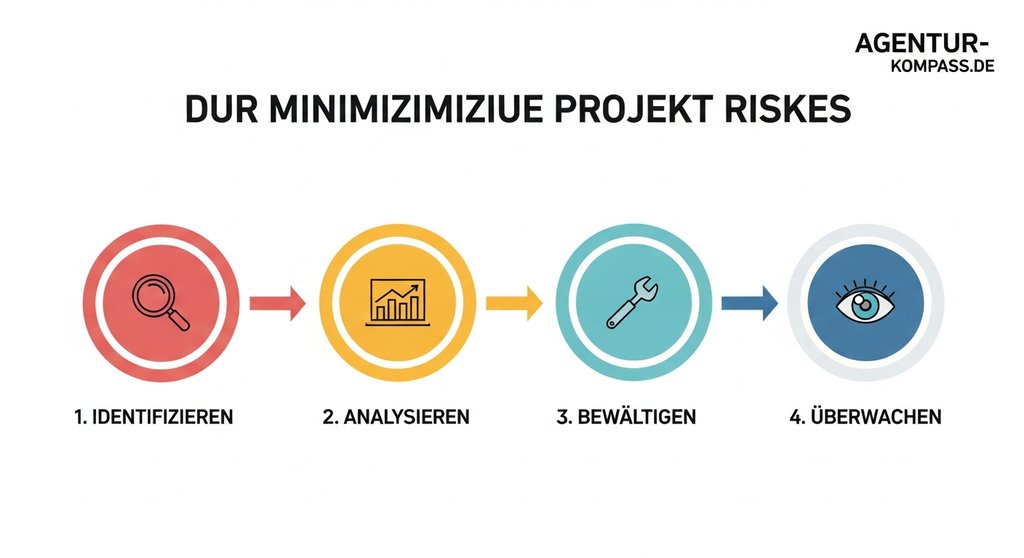 Alt-Text: Eine Infografik im Clean-Corporate-Stil, die den 4-Schritte-Prozess zur Minimierung von Projektrisiken zeigt.. Infografik, Vektorgrafik, minimalistisches Design, Corporate Identity von Agentur-Kompass.de. Vier Kreise oder Boxen sind mit Pfeilen verbunden und zeigen die Schritte: 1. Identifizieren (mit Lupe-Icon), 2. Analysieren (mit Diagramm-Icon), 3. Bewältigen (mit Werkzeug-Icon), 4. Überwachen (mit Auge-Icon). Die Texte sind klar lesbar und auf Deutsch. Helle, professionelle Farbpalette.