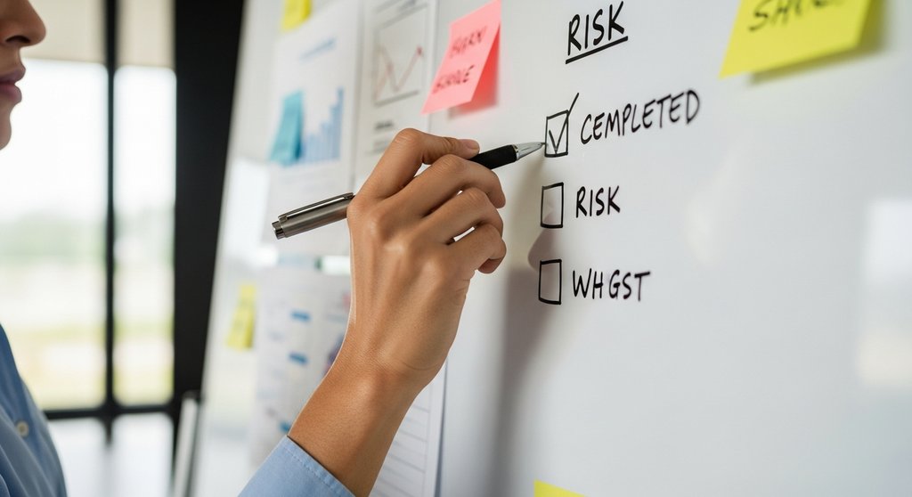 Alt-Text: Eine Person markiert mit einem Stift ein abgeschlossenes Risiko auf einer Checkliste an einem Whiteboard.. Candid Shot, DSLR Fotografie, hohe Auflösung. Eine Person (von der Seite, Fokus auf Hand und Whiteboard) hakt einen Punkt auf einer Risikoliste ab. Das Whiteboard ist mit Notizen und Diagrammen gefüllt, was auf einen aktiven Arbeitsprozess hindeutet. Das Licht ist natürlich und weich. Der Hintergrund zeigt ein modernes Büroambiente, leicht unscharf. Sichtbare Hauttextur an der Hand, realistische Darstellung.