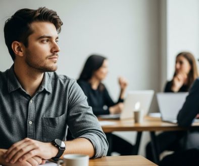 Coworking Space als Motor für Wachstum und Vernetzung für einen Freelancer. Editorial Style Fotografie, Medium Shot einer jungen, professionell gekleideten Person, die an einem aufgeräumten Holztisch in einem hellen, minimalistischen Coworking Space sitzt und nachdenklich aus dem Fenster blickt. Im unscharfen Hintergrund sind andere Personen in Gespräche vertieft, was eine kollaborative Atmosphäre andeutet. Das Licht ist weich und natürlich, kommt von der Seite. Muted Tones, Shot on 35mm camera mit leichter Körnung für eine authentische Haptik. DSLR, High resolution photography, Depth of field, Kodak Portra 400 style, visible skin texture.