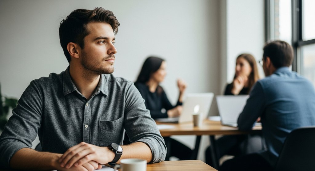 Coworking Space als Motor für Wachstum und Vernetzung für einen Freelancer. Editorial Style Fotografie, Medium Shot einer jungen, professionell gekleideten Person, die an einem aufgeräumten Holztisch in einem hellen, minimalistischen Coworking Space sitzt und nachdenklich aus dem Fenster blickt. Im unscharfen Hintergrund sind andere Personen in Gespräche vertieft, was eine kollaborative Atmosphäre andeutet. Das Licht ist weich und natürlich, kommt von der Seite. Muted Tones, Shot on 35mm camera mit leichter Körnung für eine authentische Haptik. DSLR, High resolution photography, Depth of field, Kodak Portra 400 style, visible skin texture.