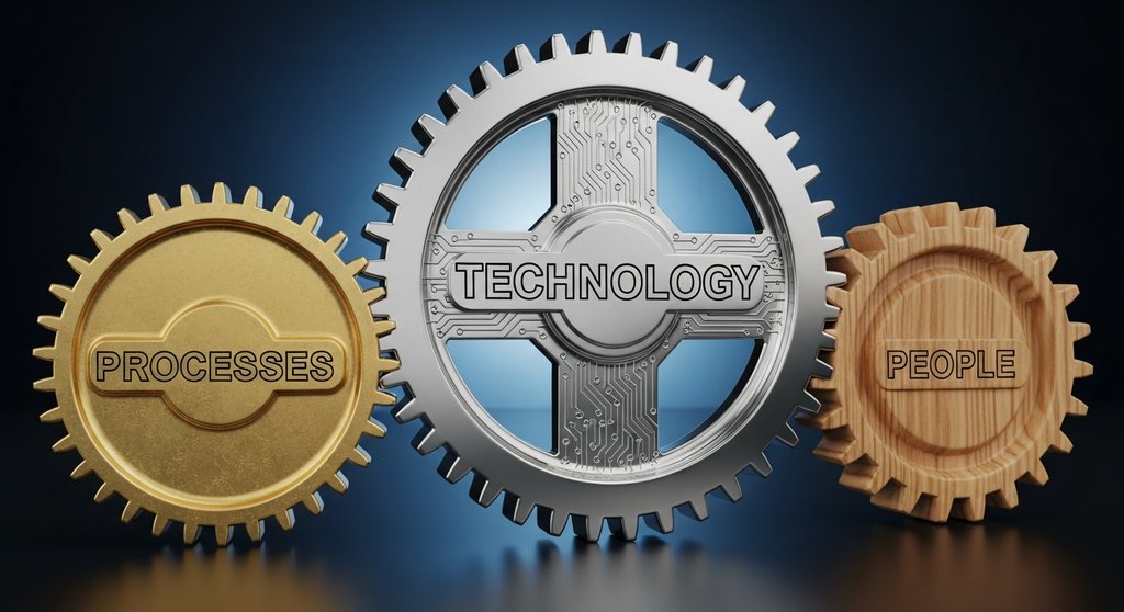 Drei ineinandergreifende Zahnräder, die die Säulen der IT-Sicherheit symbolisieren: Technik, Prozesse, Mensch.