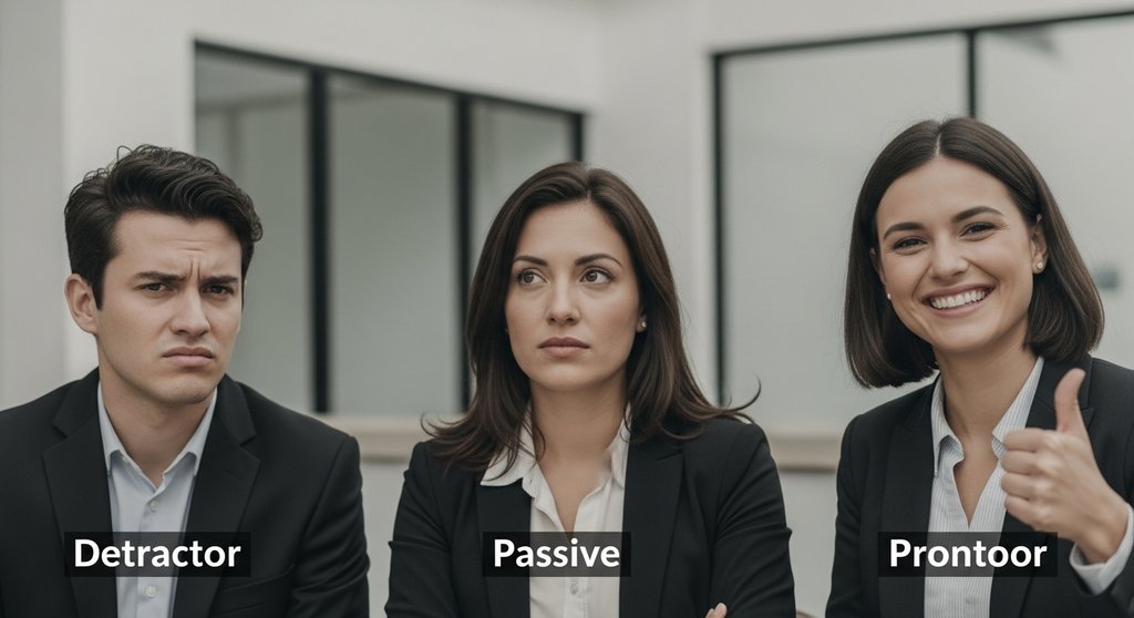 Drei Personen, die die Kundengruppen des Net Promoter Score repräsentieren: Kritiker, Passive und Promoter.