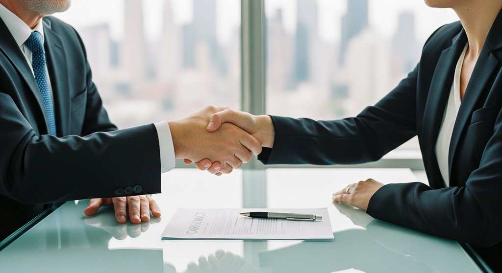 Earn-Out-Klausel als Brücke zwischen zwei Geschäftspartnern beim Unternehmensverkauf. Editorial Style Fotografie, zwei professionell gekleidete Personen (ein Mann ca. 55, eine Frau ca. 40) in einem minimalistischen, modernen Konferenzraum mit Blick auf eine Stadtsilhouette. Sie schütteln sich über einem Vertrag auf dem Glastisch die Hände. Der Fokus liegt auf den Händen und dem Vertrag, der Hintergrund ist leicht unscharf (Bokeh). Das Licht ist natürlich und weich, fällt durch ein großes Fenster. Die Stimmung ist konzentriert, aber positiv und zukunftsorientiert. Shot on 35mm camera, Kodak Portra 400 style, true-to-life colors, visible skin texture, slight film grain.