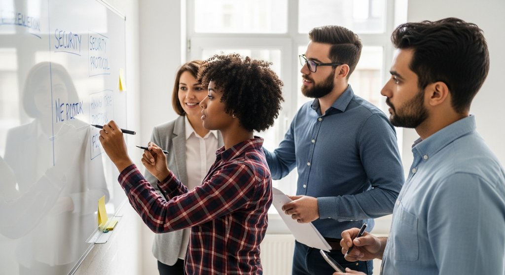 Ein Agentur-Team entwickelt gemeinsam eine Strategie zur Verbesserung der IT-Sicherheit.