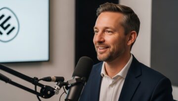 Ein Agenturinhaber sitzt in einem modernen Podcast-Studio und gibt selbstbewusst ein Interview. High resolution photography, Medium Shot einer selbstbewusst lächelnden Person (männlich, 40er) in einem professionellen Podcast-Studio, die in ein hochwertiges Mikrofon spricht. Im Hintergrund ist eine schlichte, akustisch optimierte Wand mit einem dezenten Logo zu sehen. Das Licht ist weich und schmeichelhaft (Rembrandt-Licht), was eine Atmosphäre von Kompetenz und Vertrauen schafft. Der Fokus liegt auf dem Gesichtsausdruck, der Konzentration und Authentizität vermittelt. DSLR, 50mm-Objektiv, leichte Tiefenschärfe, natürliche Farben. →