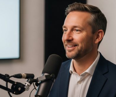 Ein Agenturinhaber sitzt in einem modernen Podcast-Studio und gibt selbstbewusst ein Interview. High resolution photography, Medium Shot einer selbstbewusst lächelnden Person (männlich, 40er) in einem professionellen Podcast-Studio, die in ein hochwertiges Mikrofon spricht. Im Hintergrund ist eine schlichte, akustisch optimierte Wand mit einem dezenten Logo zu sehen. Das Licht ist weich und schmeichelhaft (Rembrandt-Licht), was eine Atmosphäre von Kompetenz und Vertrauen schafft. Der Fokus liegt auf dem Gesichtsausdruck, der Konzentration und Authentizität vermittelt. DSLR, 50mm-Objektiv, leichte Tiefenschärfe, natürliche Farben. →