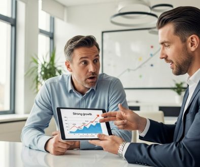 Ein Berater präsentiert einem sichtlich beeindruckten Kunden auf einem Tablet eine Grafik mit starkem Wachstum, symbolisch für erfolgreiche Upselling Strategien. Die Szene findet in einem modernen, hellen Büro statt. Die Aufnahme ist ein authentischer Environmental Portrait, geschossen im Stil einer DSLR-Kamera mit 35mm-Objektiv, True-to-life colors und einem leichten Bokeh-Effekt im Hintergrund.