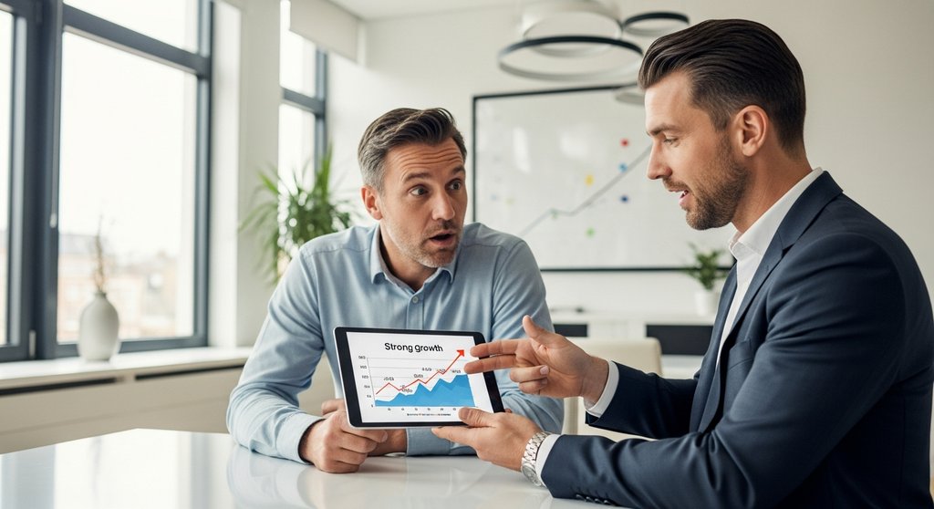 Ein Berater präsentiert einem sichtlich beeindruckten Kunden auf einem Tablet eine Grafik mit starkem Wachstum, symbolisch für erfolgreiche Upselling Strategien. Die Szene findet in einem modernen, hellen Büro statt. Die Aufnahme ist ein authentischer Environmental Portrait, geschossen im Stil einer DSLR-Kamera mit 35mm-Objektiv, True-to-life colors und einem leichten Bokeh-Effekt im Hintergrund.