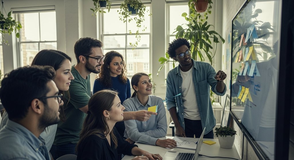 Ein diverses Team arbeitet kollaborativ in einem modernen Büro an einer digitalen Wand, ein Symbol für New Work.