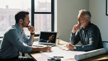 Ein erfahrener Berater für Unternehmensnachfolge bespricht Pläne mit einem Agenturinhaber in einem modernen Büro. Editorial Style Fotografie, zwei Männer in ihren 40ern und 60ern sitzen an einem minimalistischen Holztisch, auf dem ein Laptop und Baupläne liegen, die symbolisch für die Unternehmensstruktur stehen. Das Licht fällt durch ein großes Fenster und erzeugt eine nachdenkliche, aber optimistische Atmosphäre. Medium Shot aus einer leicht erhöhten Perspektive, der die Zusammenarbeit betont. Sichtbare Hauttextur, natürliche Mimik. Shot on 35mm camera, Kodak Portra 400 style, slight film grain, muted tones, blurred background.