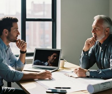 Ein erfahrener Berater für Unternehmensnachfolge bespricht Pläne mit einem Agenturinhaber in einem modernen Büro. Editorial Style Fotografie, zwei Männer in ihren 40ern und 60ern sitzen an einem minimalistischen Holztisch, auf dem ein Laptop und Baupläne liegen, die symbolisch für die Unternehmensstruktur stehen. Das Licht fällt durch ein großes Fenster und erzeugt eine nachdenkliche, aber optimistische Atmosphäre. Medium Shot aus einer leicht erhöhten Perspektive, der die Zusammenarbeit betont. Sichtbare Hauttextur, natürliche Mimik. Shot on 35mm camera, Kodak Portra 400 style, slight film grain, muted tones, blurred background.