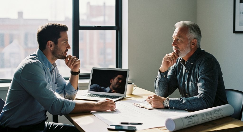 Ein erfahrener Berater für Unternehmensnachfolge bespricht Pläne mit einem Agenturinhaber in einem modernen Büro. Editorial Style Fotografie, zwei Männer in ihren 40ern und 60ern sitzen an einem minimalistischen Holztisch, auf dem ein Laptop und Baupläne liegen, die symbolisch für die Unternehmensstruktur stehen. Das Licht fällt durch ein großes Fenster und erzeugt eine nachdenkliche, aber optimistische Atmosphäre. Medium Shot aus einer leicht erhöhten Perspektive, der die Zusammenarbeit betont. Sichtbare Hauttextur, natürliche Mimik. Shot on 35mm camera, Kodak Portra 400 style, slight film grain, muted tones, blurred background.