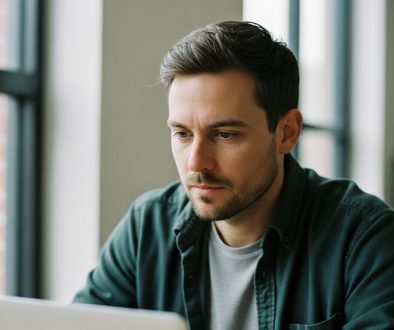 Ein Freelancer arbeitet konzentriert an seinem Laptop und navigiert die Plattform Ökonomie.