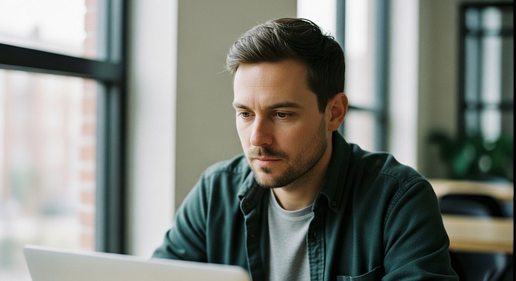 Ein Freelancer arbeitet konzentriert an seinem Laptop und navigiert die Plattform Ökonomie.